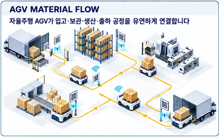 AGV 자재 흐름 — 자율주행 AGV가 입고·보관·생산·출하 공정을 유연하게 연결