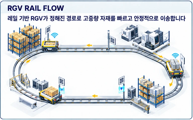 RGV 레일 흐름 — 레일 기반 RGV가 정해진 경로로 고중량 자재를 빠르고 안정적으로 이송