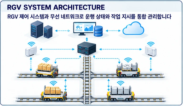 RGV 시스템 구성 — RGV 제어 시스템과 무선 네트워크로 운행 상태와 작업 지시를 통합 관리